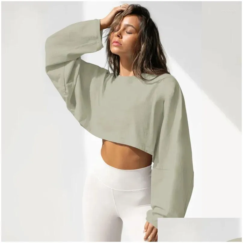 Gym Clothing Women Long Sleeve Short Y2k Crop Top Fashion Round Neck Knitted Sweatshirts Ladies Spring Autumn Solid Color Loose