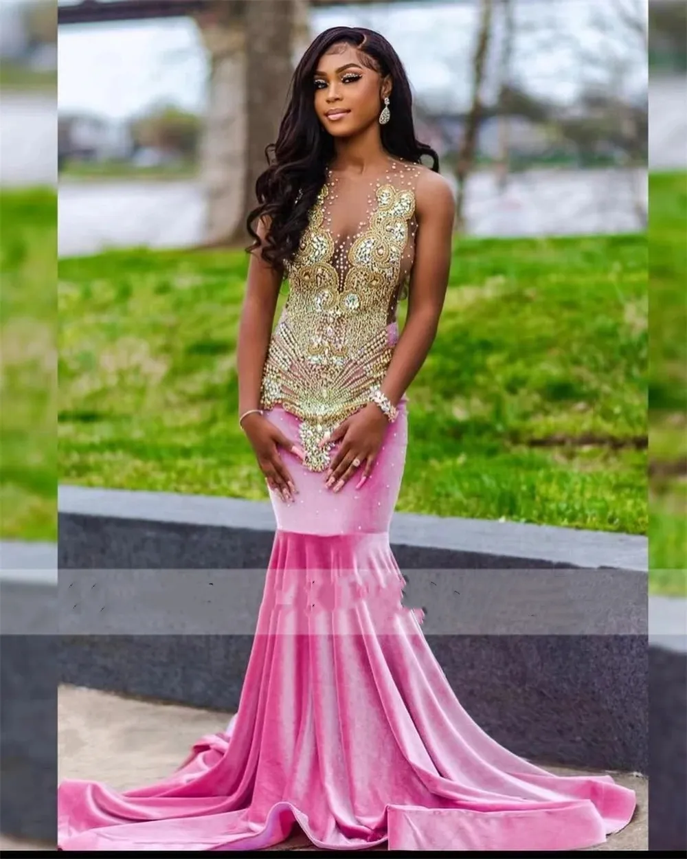 Pink Velvet Golden Rhinestones Mermaid Prom Dresses 2024 For Black Girls Luxury Special Occasion Africa Wed robe de gala