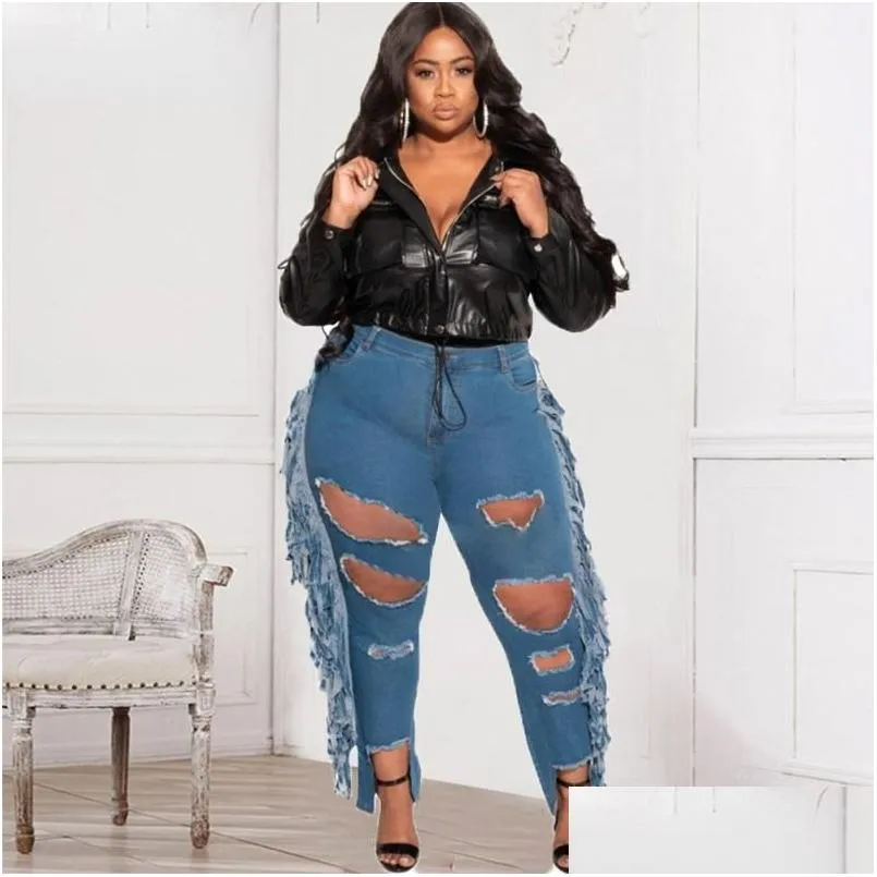 Women`s Plus Size Pants Denim Bottoms Streetwear High Stretchy Holed Tassels Tights Jeans Casual Bodycon  Trousers Wholesale