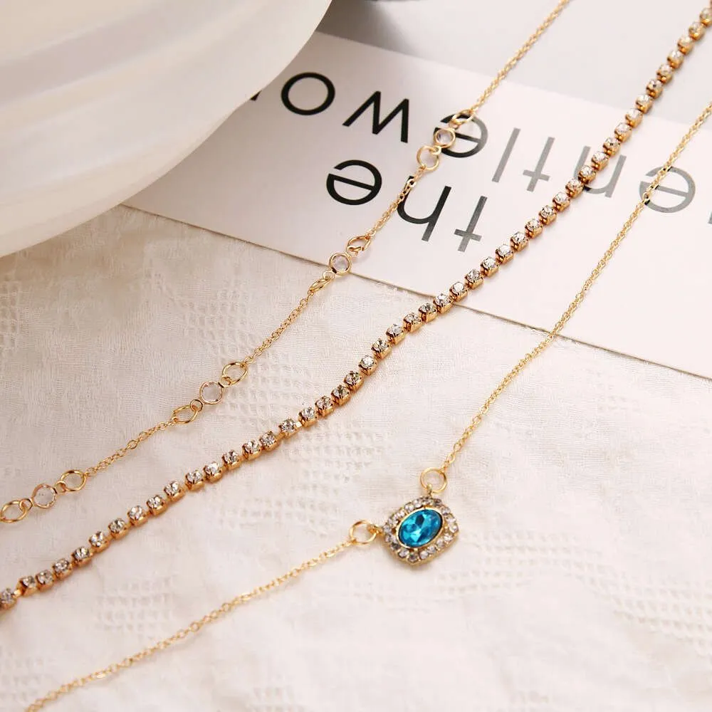 Fashionable Geometric Multi-layer Alloy Diamond Inlaid Blue Tassel Trendy Necklace for Women