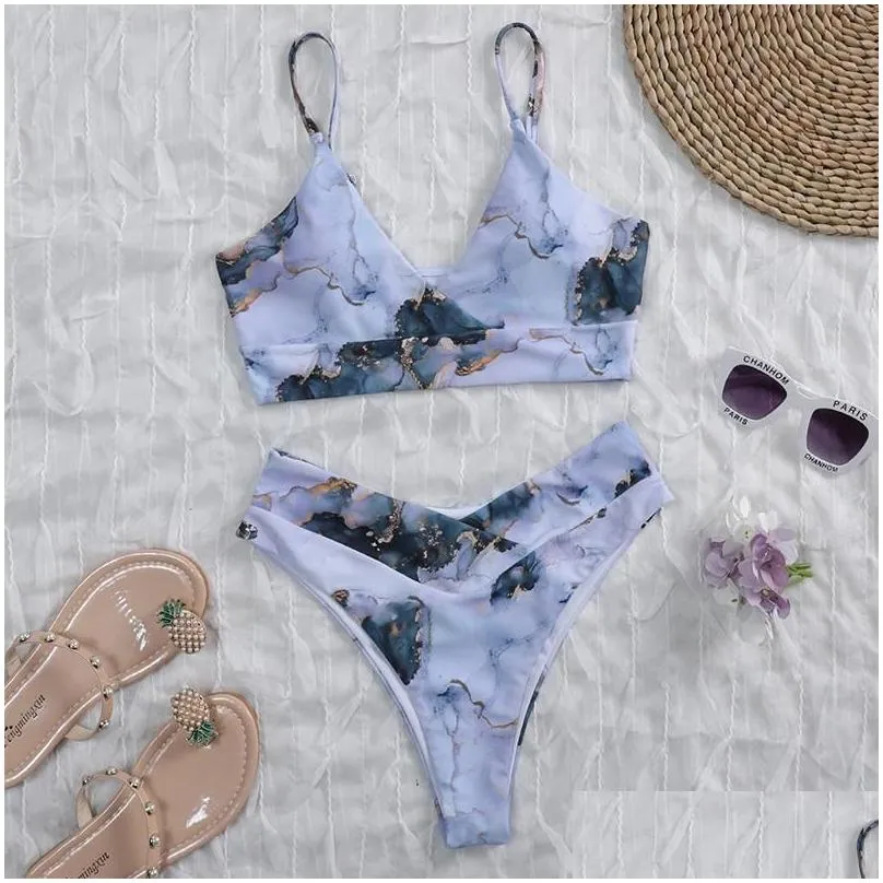 Women`s Swimwear Sexy Marble Print Women Swimsuit Bandeau Push Up Bikini Set High Waist Female Sport Bathing Suit V Neck Beach Wear