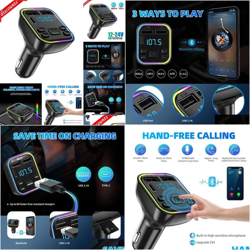 New Other Auto Electronics Car Bluetooth 5.0 FM Transmitter PD Type-C Dual USB 3.1A Fast  Colorful Ambient Light Handsfree MP3 Modulator