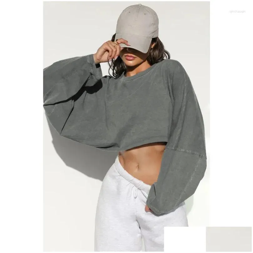 Gym Clothing Women Long Sleeve Short Y2k Crop Top Fashion Round Neck Knitted Sweatshirts Ladies Spring Autumn Solid Color Loose