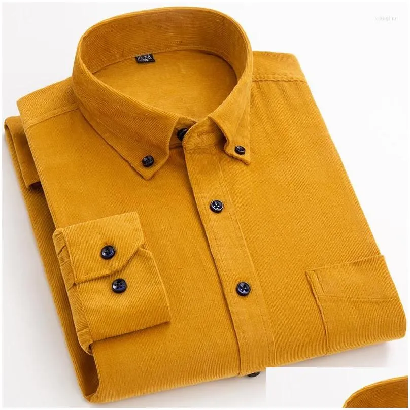 Men`s Casual Shirts Cotton Corduroy Shirt Long Sleeve Winter Regular Fit Mens Warm S-6xl Solid Men`s With Pokets Autumn Quality