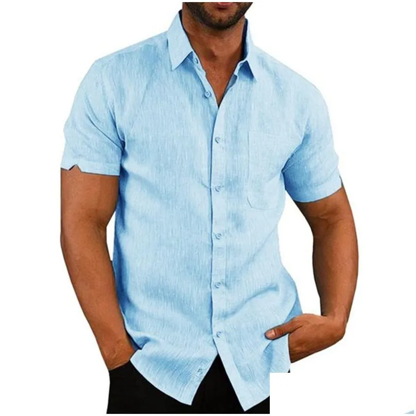 Men`S Casual Shirts 100% Cotton Line Mens Short-Sleeved Summer Solid Color Turn-Down Collar Beach Style Plus Size 220801 Drop Deliver Dhmtf