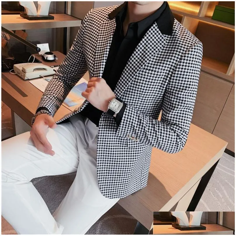 Men`S Suits & Blazers Mens High Quality Suit British Style Slim Elegant Fashion Business Casual Dress Tuxedo Spliced Collar Plover Ca Dh0Co