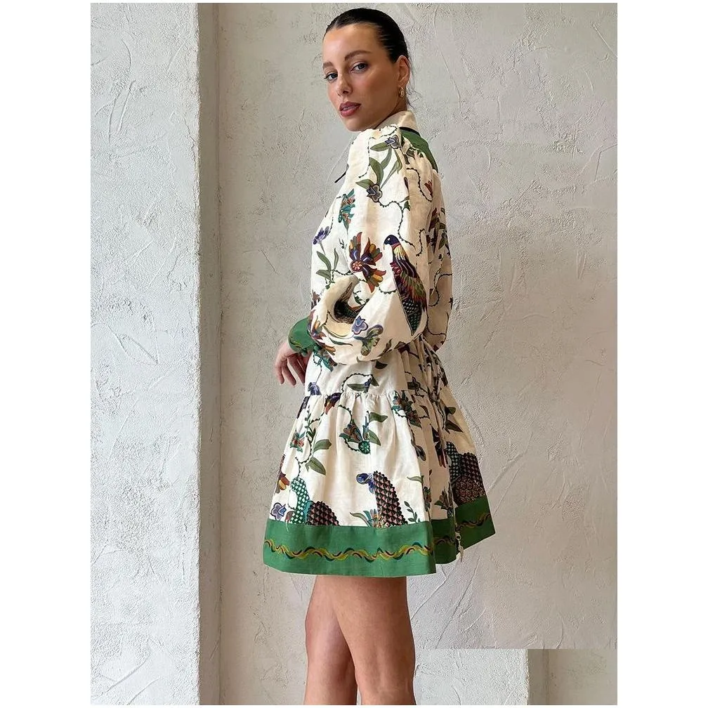 Urban Sexy Dresses Y Peacock Flower Printed Mini Pleated Dres Long Lantern Sleeve Single Breasted Fashion Holiday Summer Loose Robe D Dhu5X