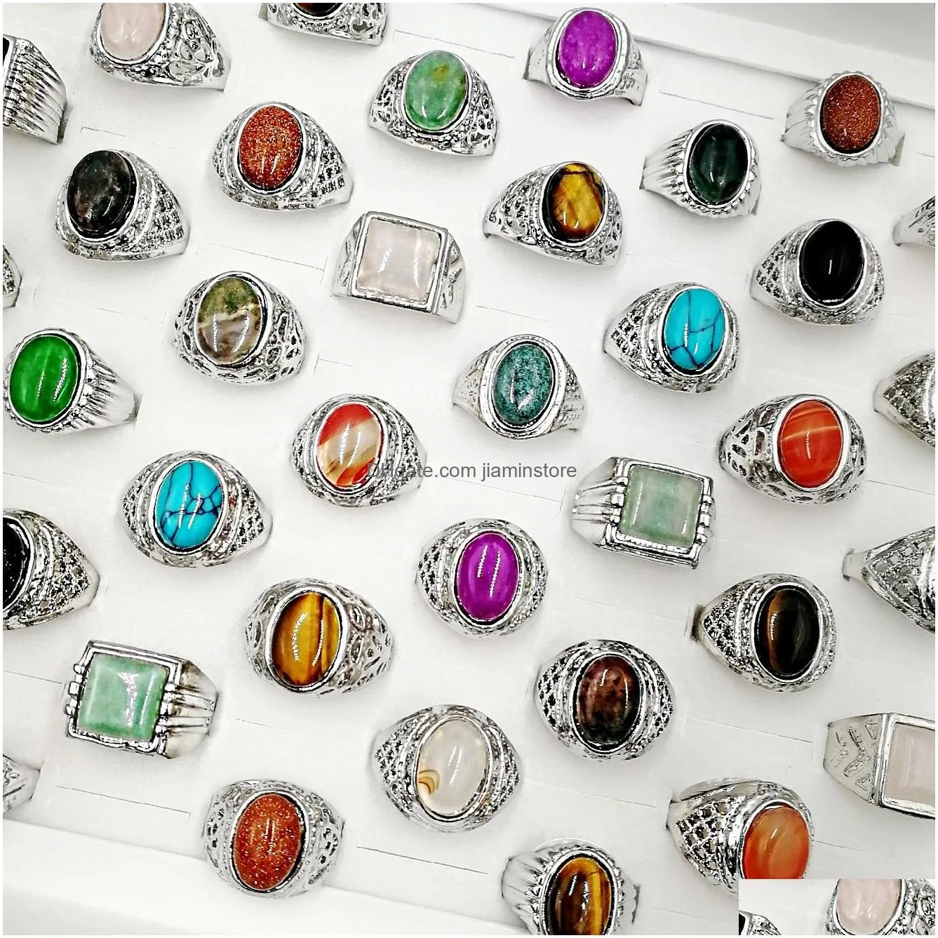 Fashion New 50 Pieces/lot Natural GemStone band Rings Mix Style Pine Stone size: 18cm-22mm fit Women`s Men`s Party Jewelrys charm Turquoise