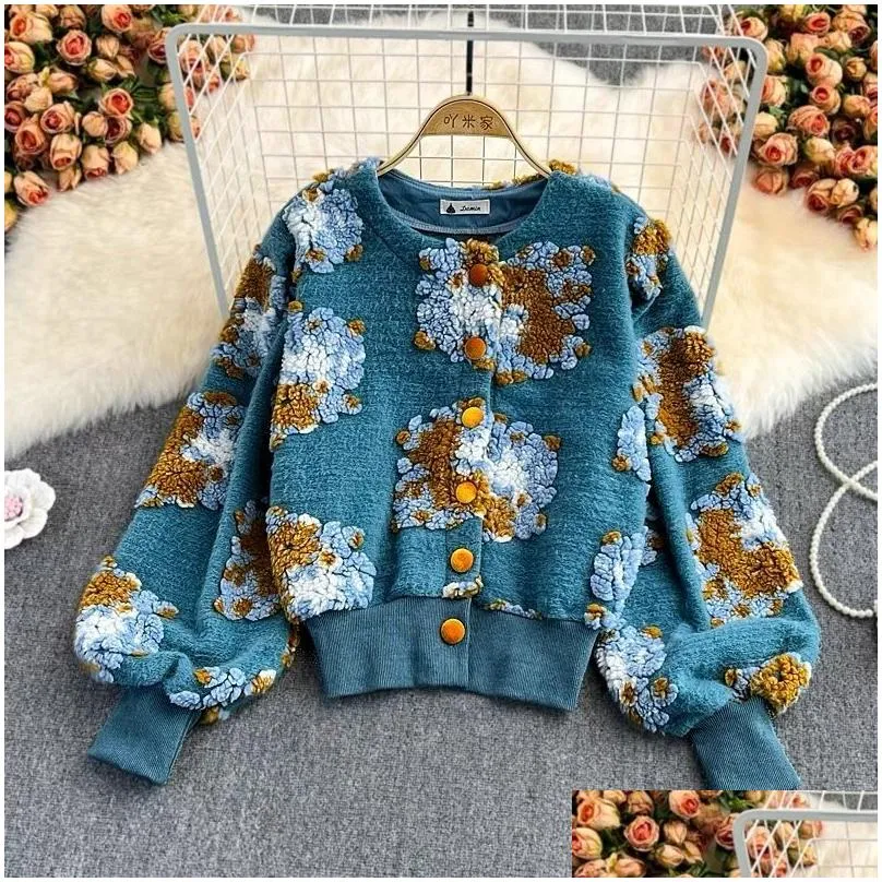 Women`S Knits & Tees Womens Ewq Spring Three-Nsional Flower Bubble Sleeve O Neck P Cardigan Short Warm Coat Tops Women Red Clothing R1 Dhy8T