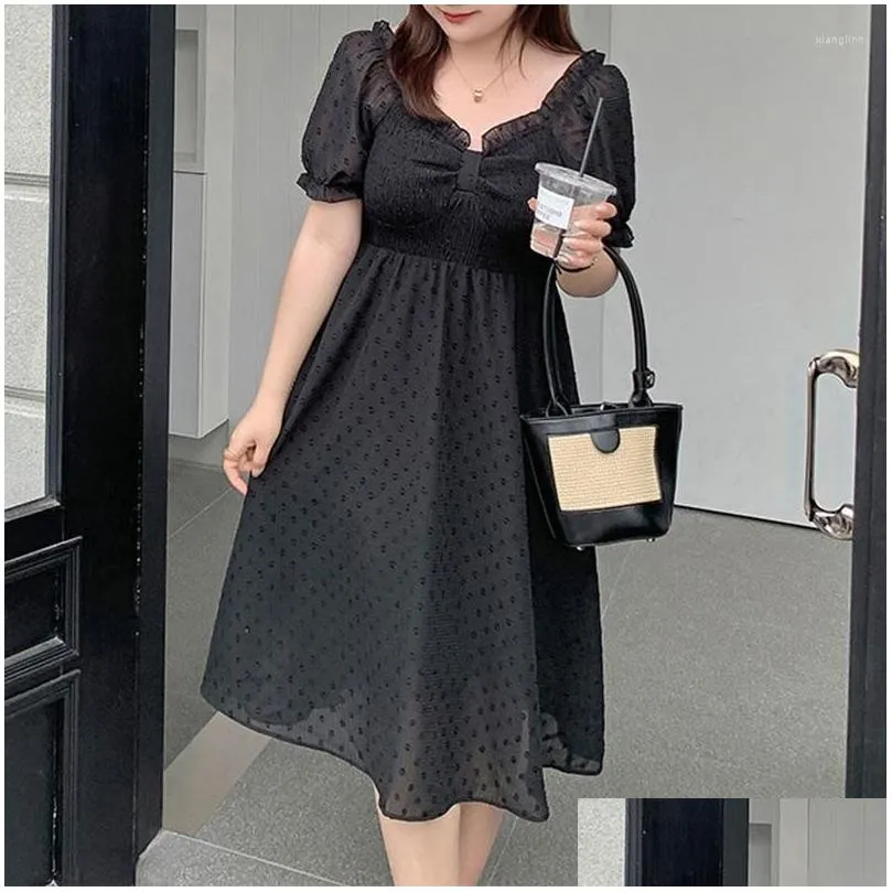 Plus Size Dresses Clothes Little  And Sweet Square Collar Stringy Selvedge Solid Pleated Short Sleeve Bow Chiffon Princess Dress