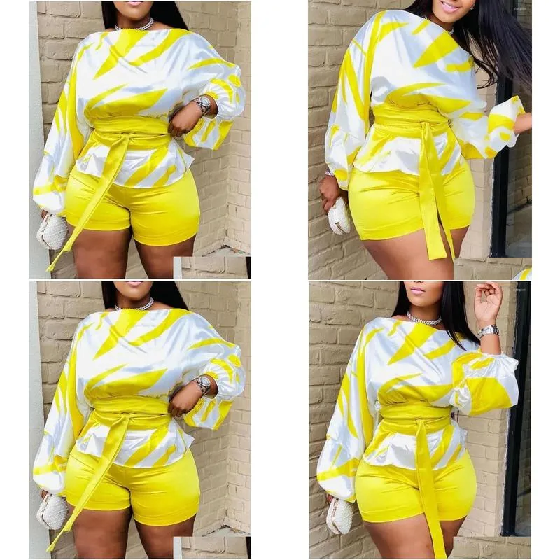 Women`s Tracksuits 2 Piece Sets Womens Outfits 2022 Summer Slash Neck Colorblock Tied Detail Lantern Sleeve Long Top & Above Knee