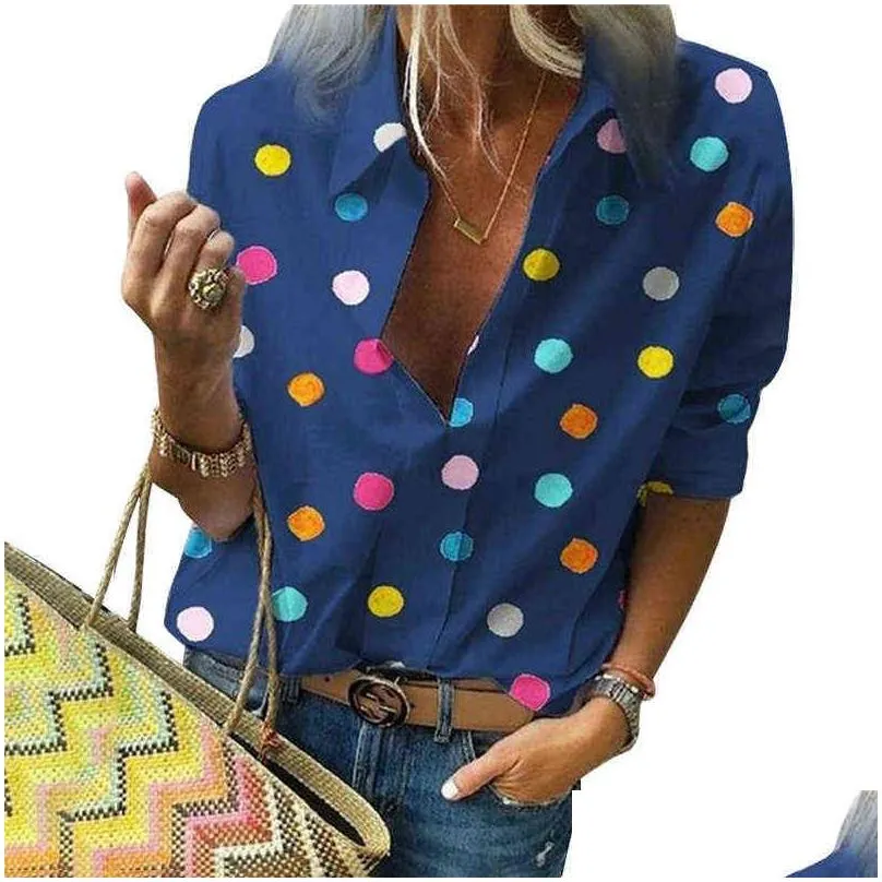 Women`S Blouses & Shirts Polka Dot Blouse Women Turn Down Collar Long Sleeve Plus Size Clothes Streetwear White Xxl 220125 Drop Deliv Dhbwg