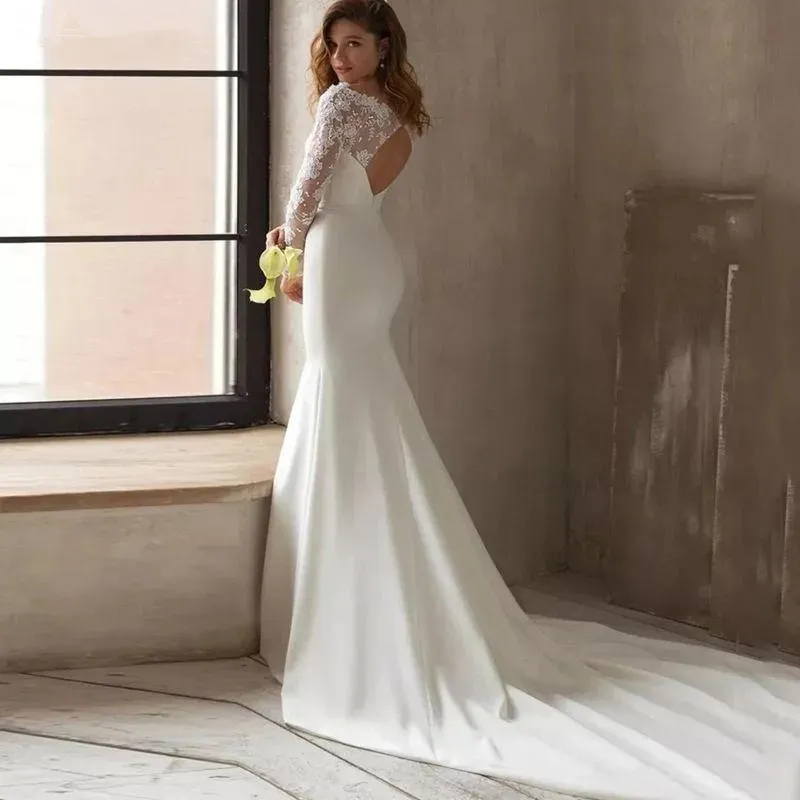 Slim and Flare Designer Mermaid Wedding Dresses With Long Sleeves White Elegant Satin Lace Boho Bridal Gowns Court Train Sexy Backless Bride Robes de Mariee YD