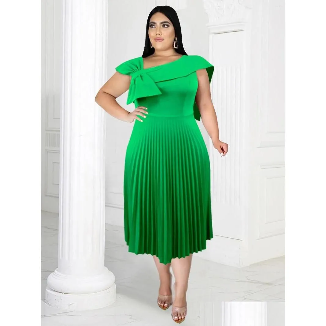 Plus Size Dresses 4XL Women Green A-Line Dress Bow Short Sleeve Pleated Elegant Fashion African Formal Evening Event Outfits Summer