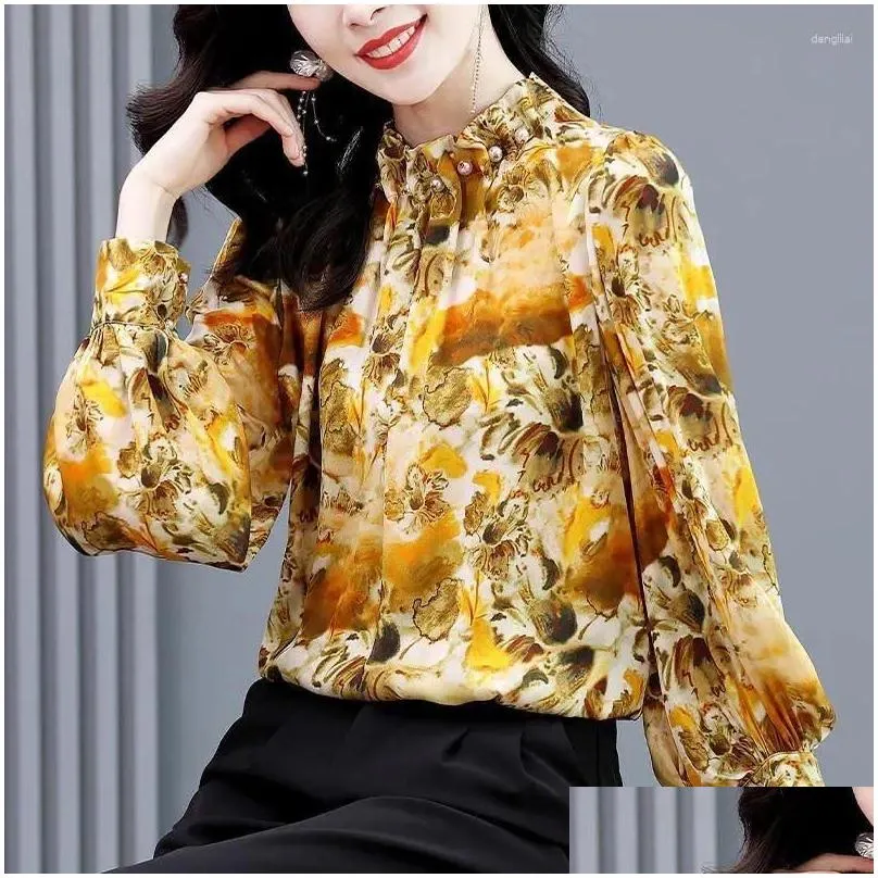 Women`s Blouses Spring Autumn Stand Collar Blouse Vintage Printed Clothing Spliced Long Sleeve Fashion Folds Pearl Beading Loose Shirt