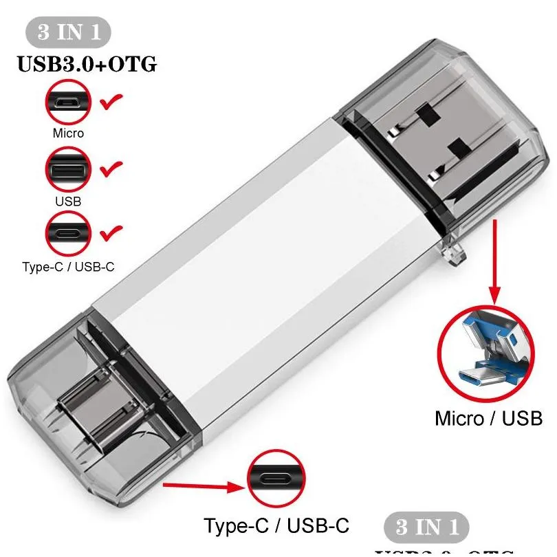 3 IN 1 OTG USB Flash Drives Type C & Micro Pen Drive 32GB 64GB 128GB 8G 16G 4G Pendrive USB3.0 Memory Stick