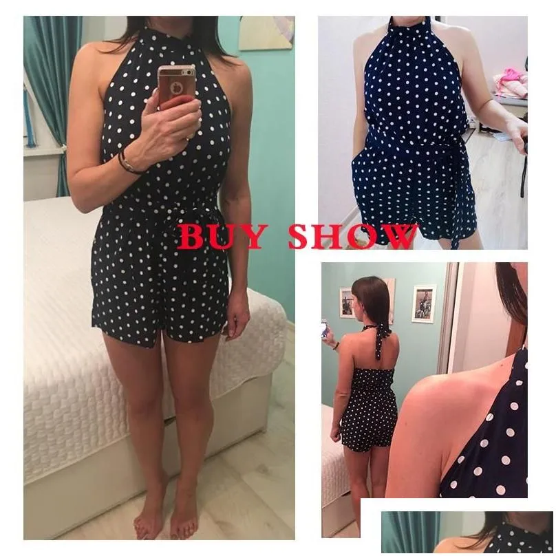 Summer Jumpsuits Women Sleeveless Backless Dot Short Rompers Jumpsuit Pocket Sexy Playsuit Female Overall 2021 Women`s &