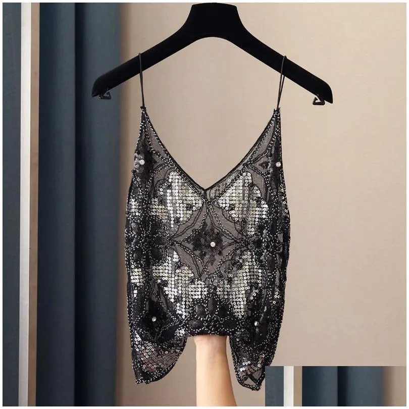 Women`S Tanks & Camis Y Hollow Out Women Lace Bead Work Tops Bling Gold Sequins 220519 Drop Delivery Apparel Clothing Tees Dhz8D