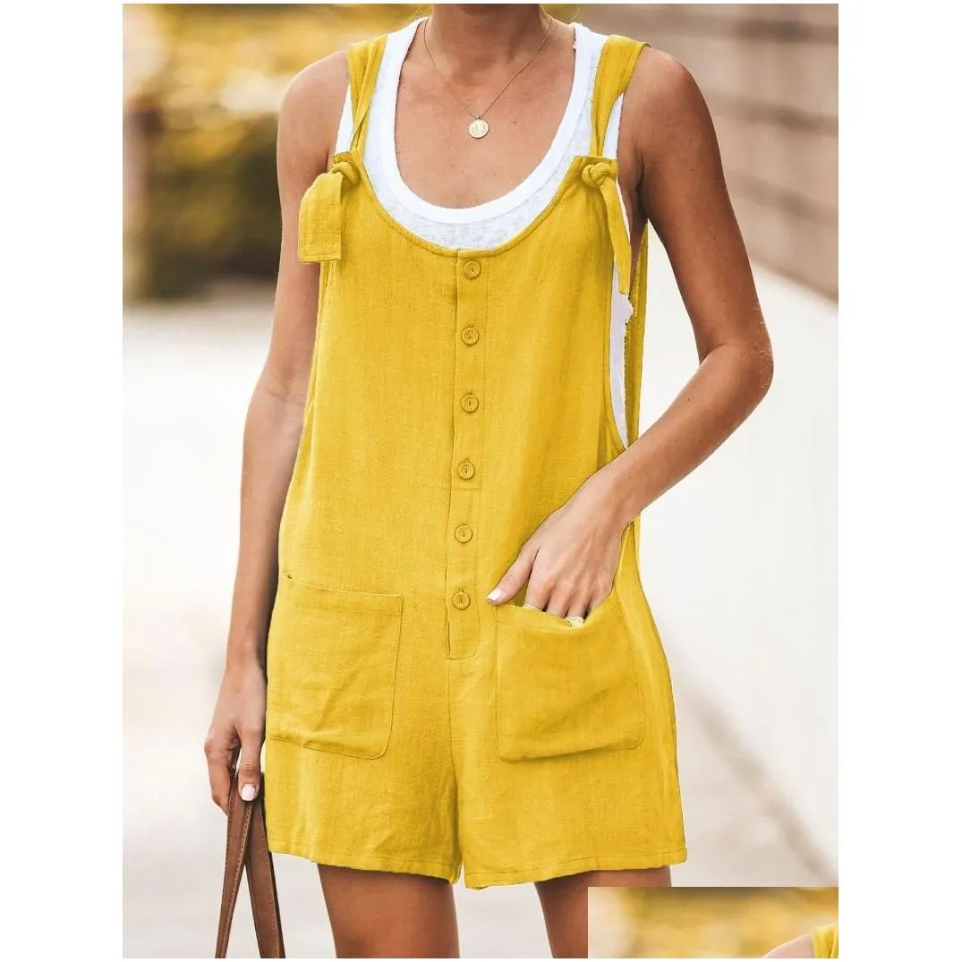 Women`s Jumpsuits & Rompers Women Cotton Linen Short Romper Summer Strappy Straight Playsuits 2021 Casual Buttons Loose Ladies Big Pocket