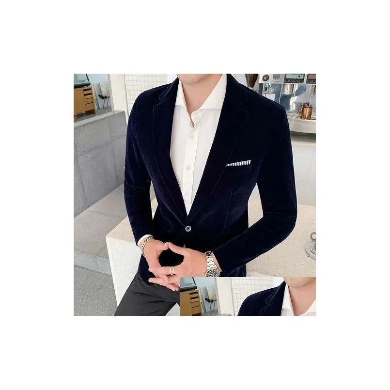 Men`S Suits & Blazers Brand Men Golden Veet Suitmale Slim High Quality Business Blazersgrooms Wedding Dress Mens Jacket Clothing 2207 Dhi3W