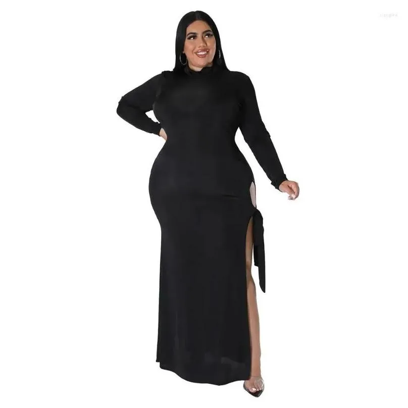 Plus Size Dresses Women`s Sexy Slit Strapless Leggings Dress Fashion High Neck Autumn Long Sleeve For Party 2023