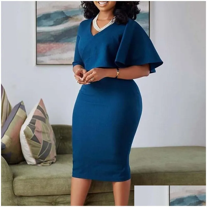 Plus Size Dresses Dress For Year 2022 Women Elegant Fashion Short Sleeve V Neck Mid-Calf Office Lady Sheath Empire