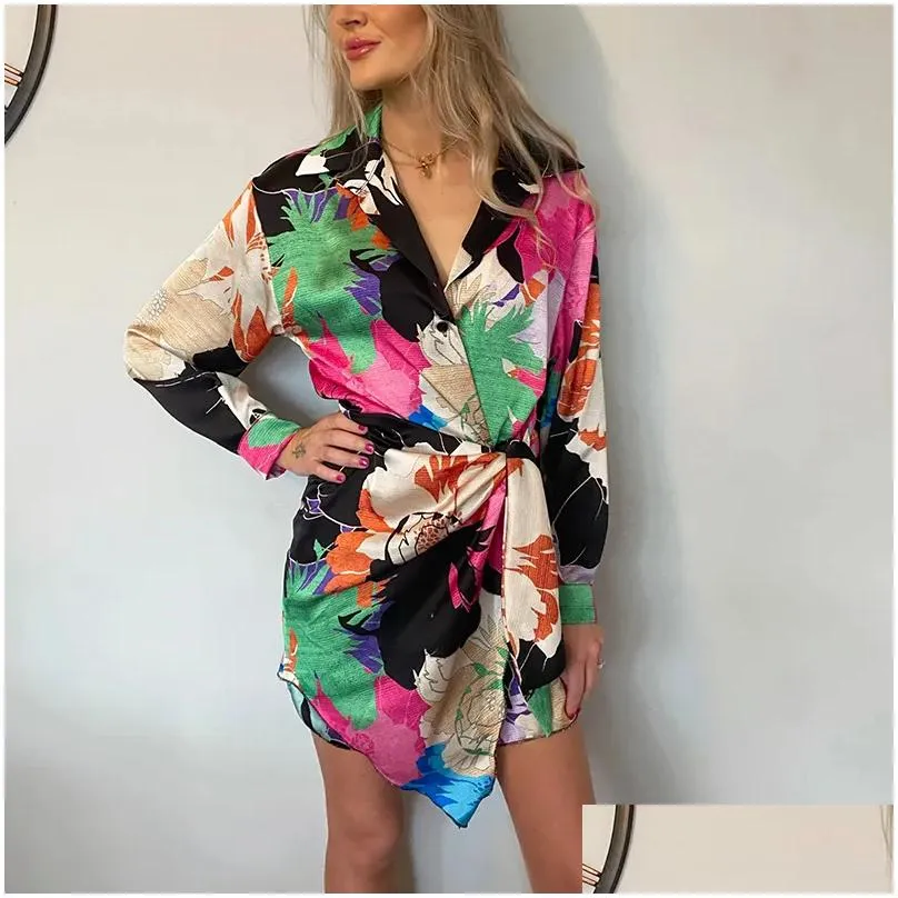 Basic & Casual Dresses Fandy Lokar Turn Down Collar Women Fashion Asymmetrical Printed Dress Elegant Long Sleeve Female Ladies 220713 Dh2Vf