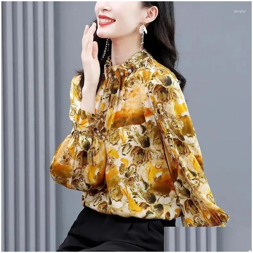 Women`s Blouses Spring Autumn Stand Collar Blouse Vintage Printed Clothing Spliced Long Sleeve Fashion Folds Pearl Beading Loose Shirt