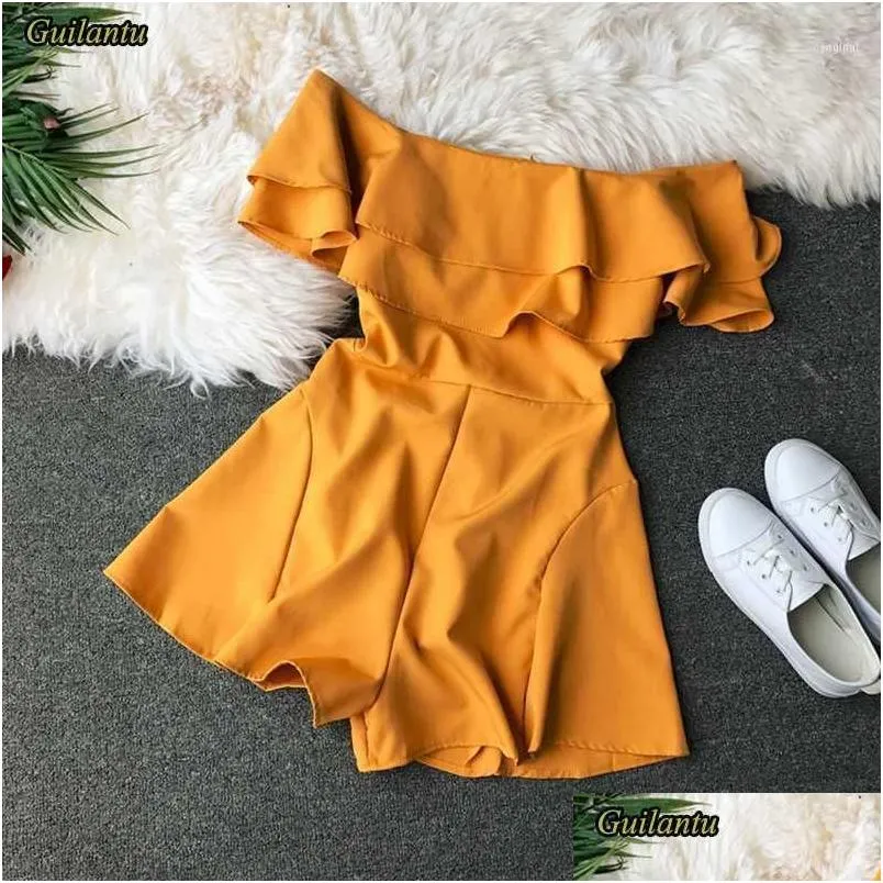 Women`s Jumpsuits & Rompers Guilantu Summer Ruffles Beach Playsuits Women Short Sleeveless Off Shoulder Backless Sexy Clubwear Wide Leg