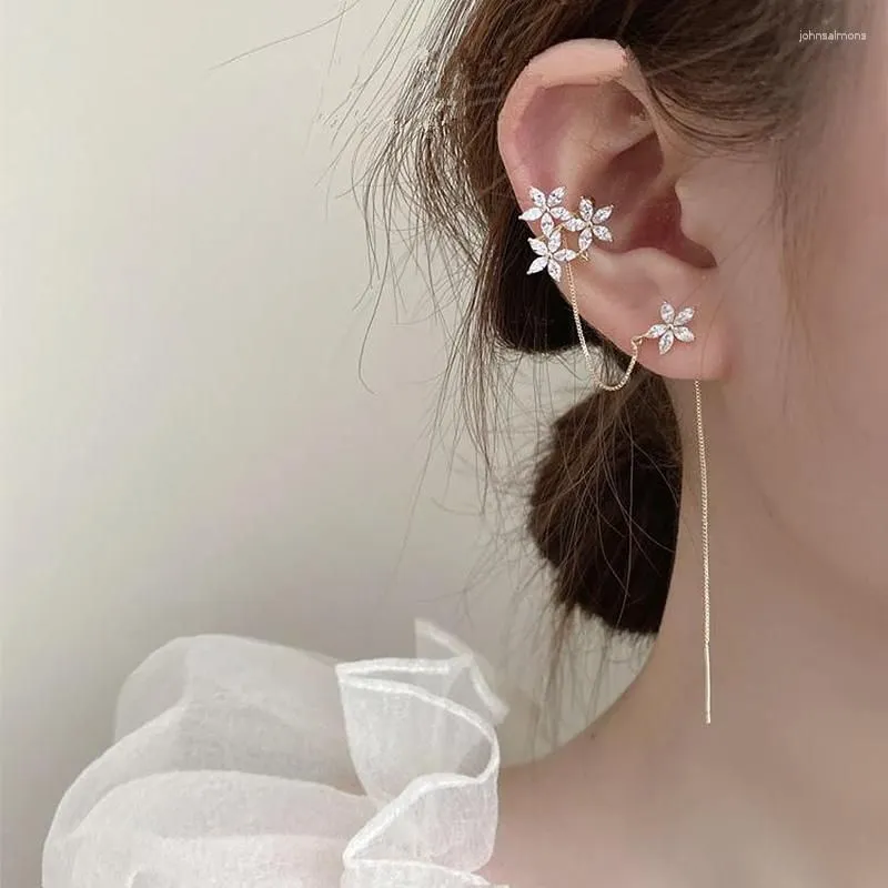 Backs Earrings Exquisite Flower Crystal Ear Cuff For Women No Piercing Without Hole Long Tassel Chain Earclip Fashion Jewelry KDE079