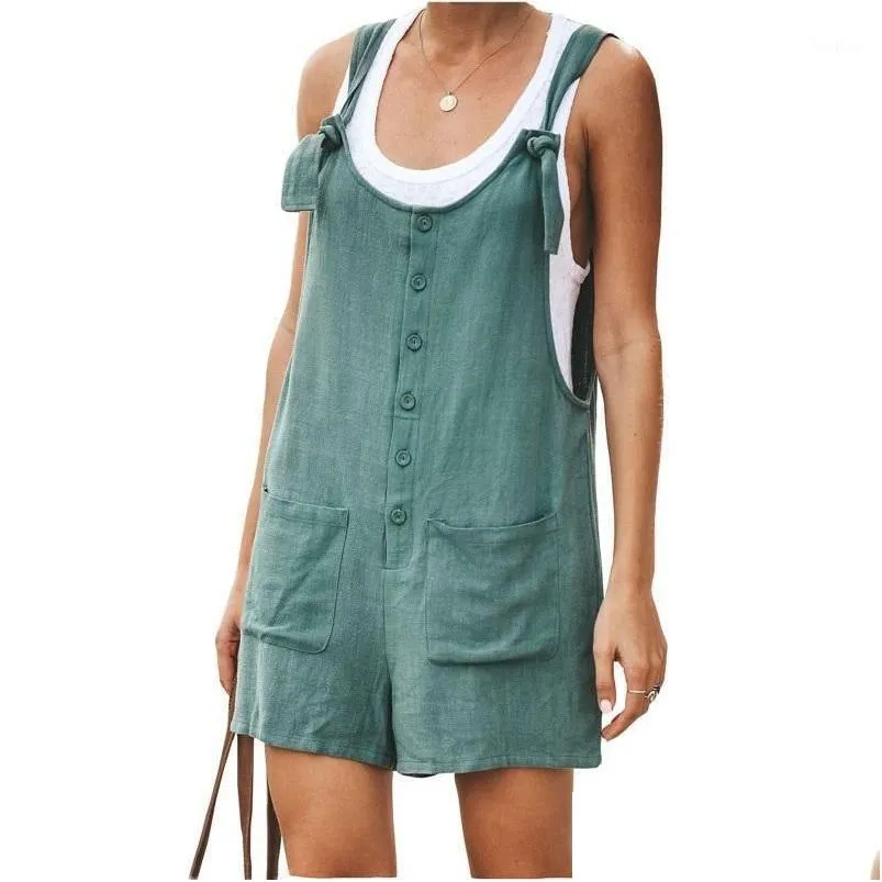 Women`s Jumpsuits & Rompers Women Cotton Linen Short Romper Summer Strappy Straight Playsuits 2021 Casual Buttons Loose Ladies Big Pocket