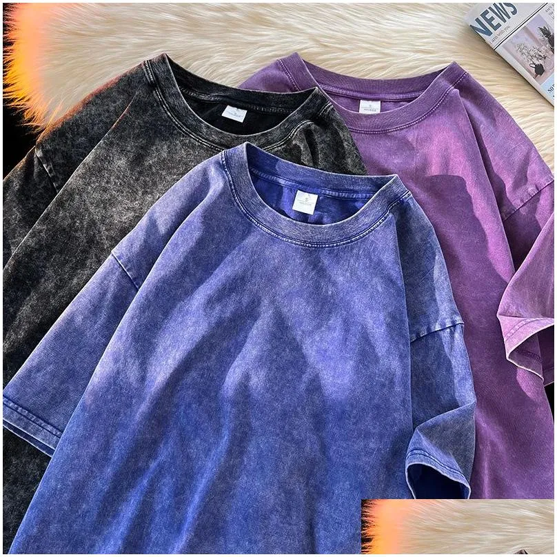 Men`S T-Shirts Mens 230Gsm 100% Combed Cotton Tshirt Acid Washed T Shirt For Men Uni Vintage Oversize T-Shirt Y2K Casual Top Tee Cloth Dhg1L
