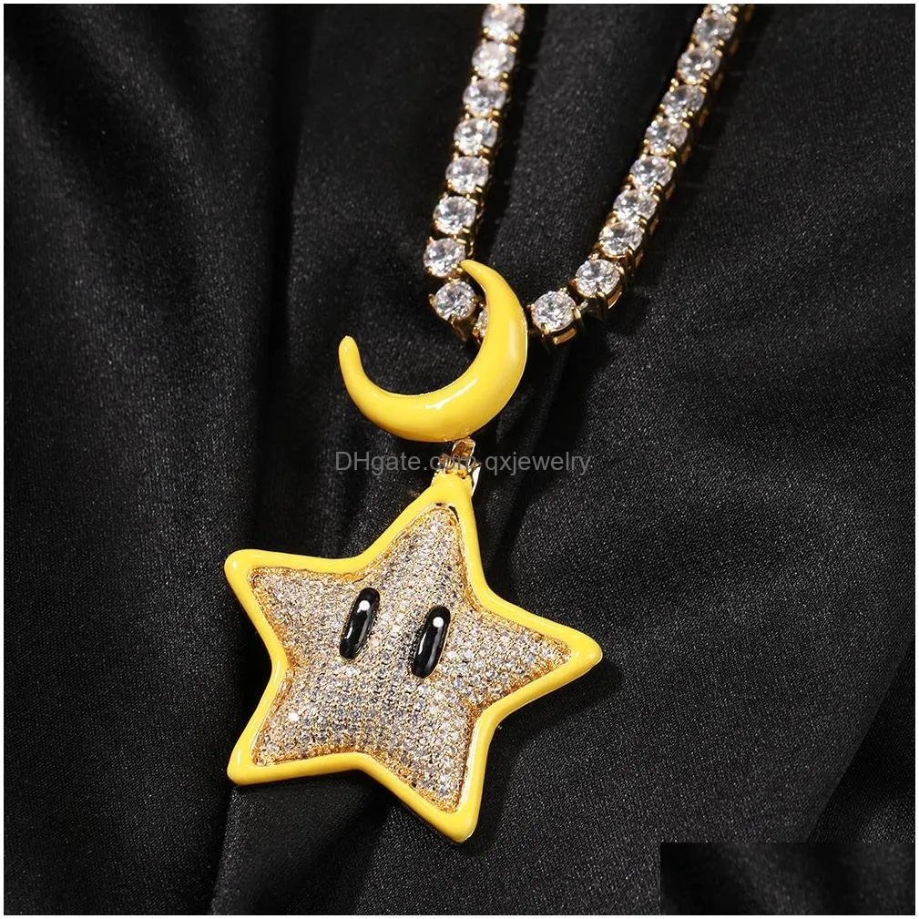 Pendant Necklaces Gold Sier Colors Mens Bling Hiphop Jewelry Cz Star And Moon Necklace For Men Women With Rope Drop Delivery Pendants Dhw7Y