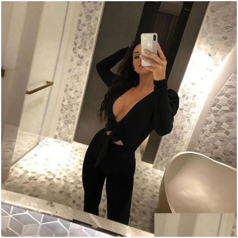 Summer Rompers Women Bodysuit Hollow Solid Black V-neck Sexy Puff Sleeve Bow Bodysuits Bodycon Female Streetwear Jumpsuits Women`s &