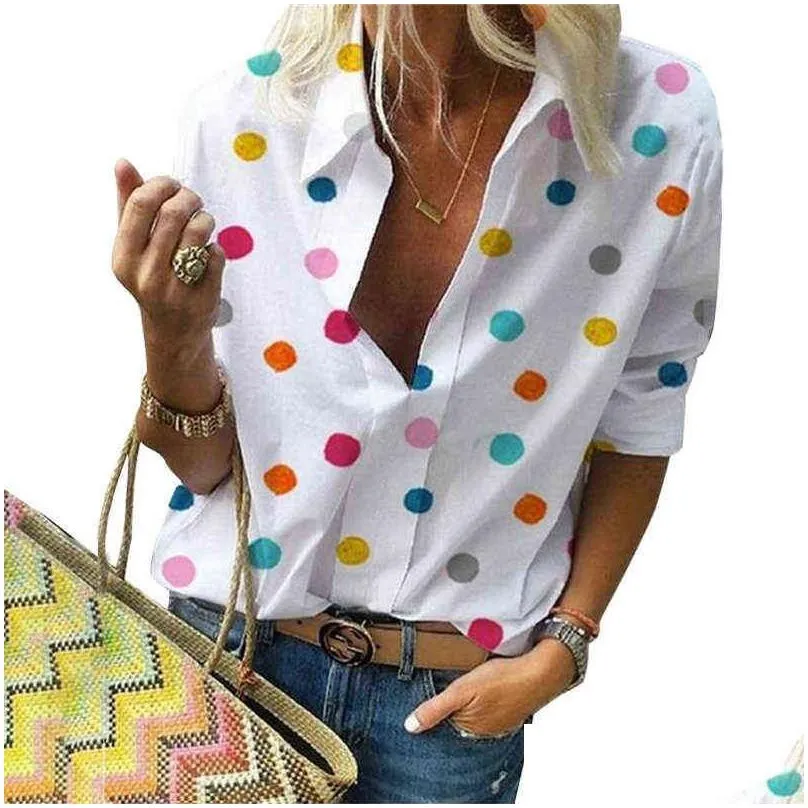 Women`S Blouses & Shirts Polka Dot Blouse Women Turn Down Collar Long Sleeve Plus Size Clothes Streetwear White Xxl 220125 Drop Deliv Dhbwg