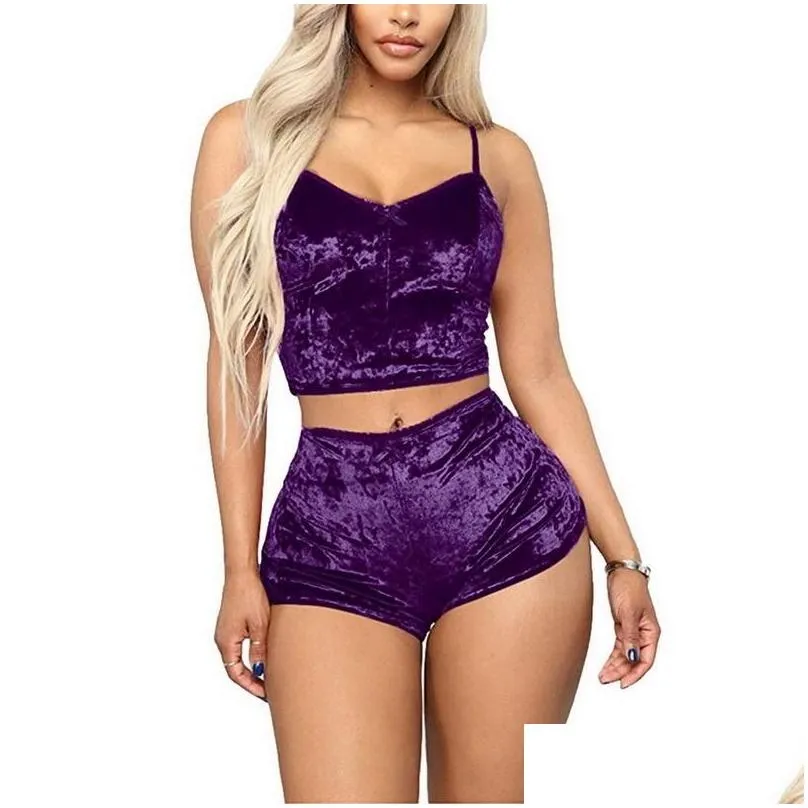 Women`s Sleepwear Women Spaghetti Straps Velvet Pajamas With Shorts Pajama Set Sexy 2pcs 2021 -sale