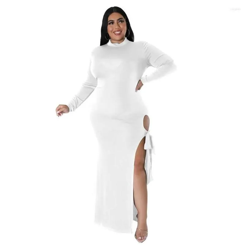 Plus Size Dresses Women`s Sexy Slit Strapless Leggings Dress Fashion High Neck Autumn Long Sleeve For Party 2023