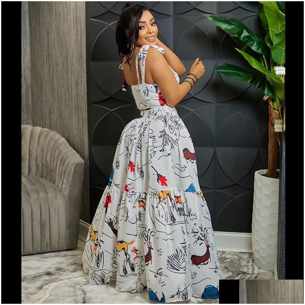 Basic & Casual Dresses Cm Yaya Iti Print Women Big Swing Cape Ball Gown Maxi Long Skirt Suit And Crop Top Matching Two 2 Piece Set Ch Dhptp