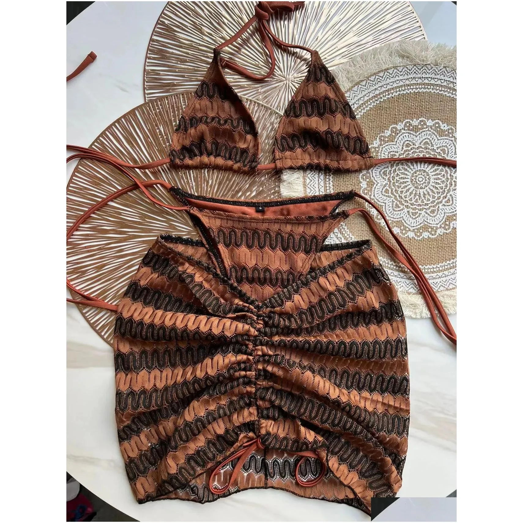 Women`S Swimwear Womens Zigzag Bikini Three Piece With Skirt Knitting Bikinis Swimsuit Push Up Beachwear 230707 Drop Delivery Apparel Dh3Tj