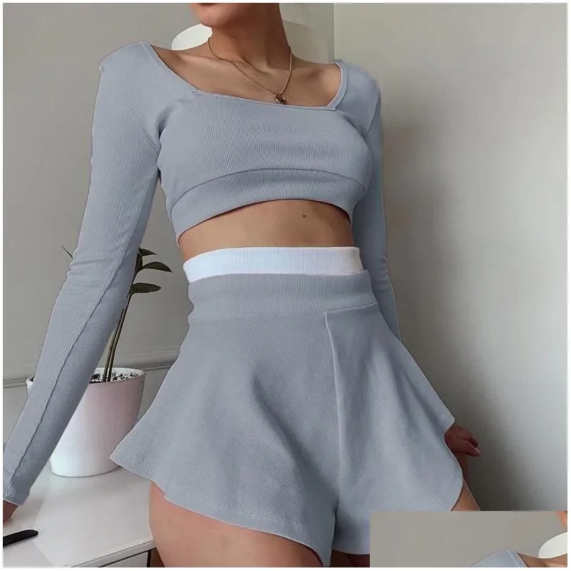 Women`s Tracksuits Casual Summer Women`s Sportswear Shorts Skirt Suit Long-sleeved Stitching Slim Sexy Tights And Loose Mini Two-piece