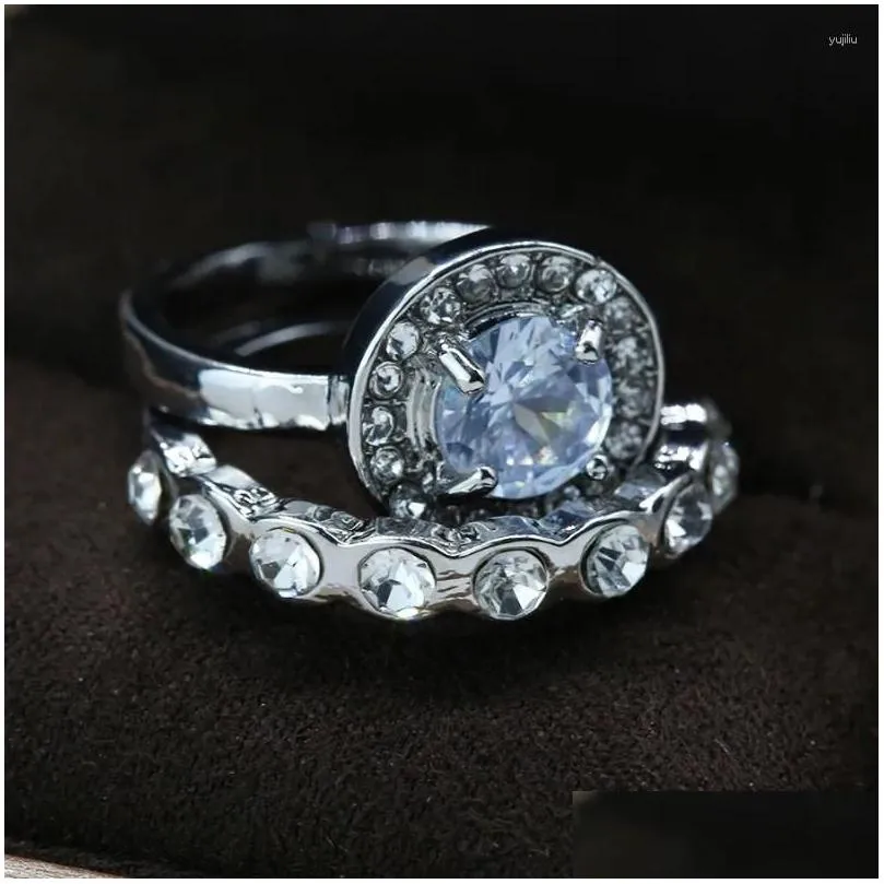 Cluster Rings Elegant White Stone Zircon Luxury Engagement Silver Color Round Set Party Anniversary Wedding For Women