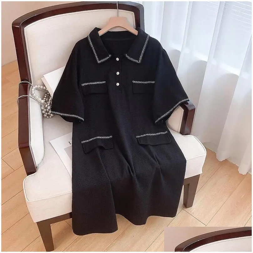 Plus Size Dresses 160Kg Women`s Bust 160 Summer Loose Small Fragrant Short Sleeve Lapel Dress Black 6XL 7XL 8XL 9XL 10XL