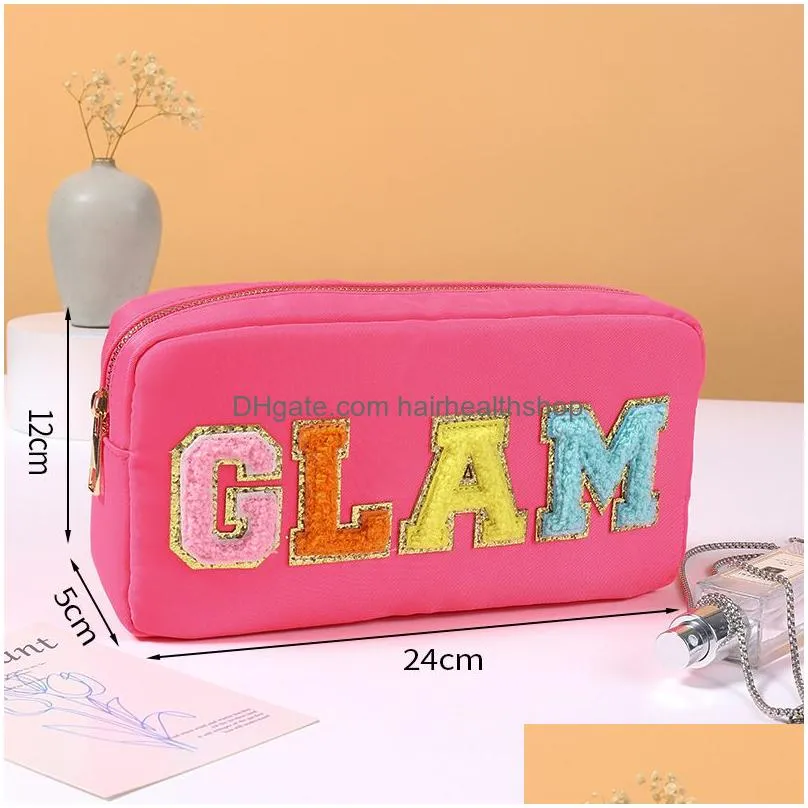 Nylon Cosmetic Bag Chenille Letter Makeup Pouch Zipper Make Up Waterproof Bags with Patches Stuff Organizer for Women