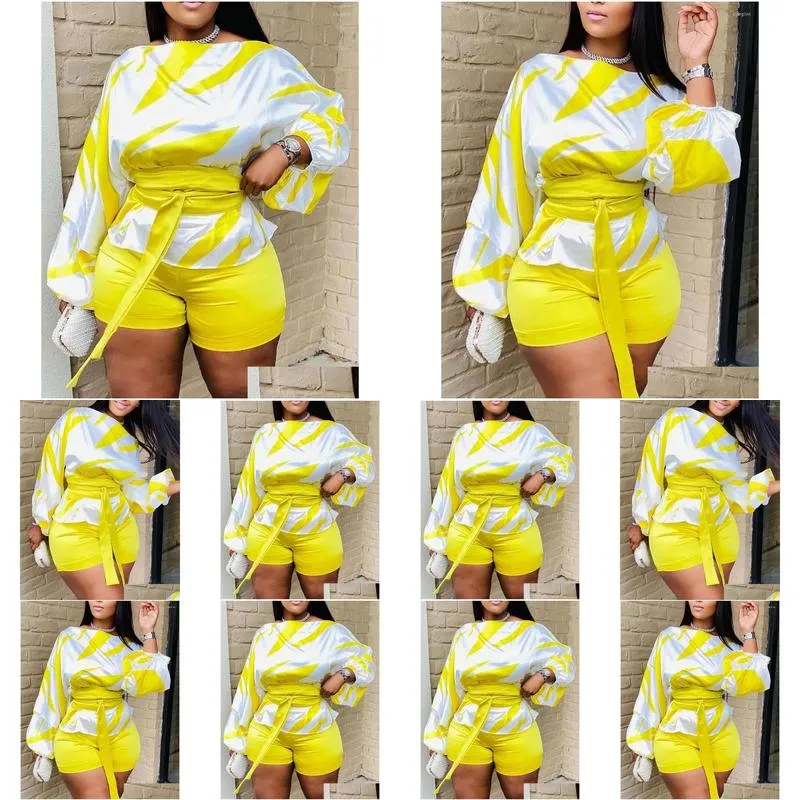 Women`s Tracksuits 2 Piece Sets Womens Outfits 2022 Summer Slash Neck Colorblock Tied Detail Lantern Sleeve Long Top & Above Knee