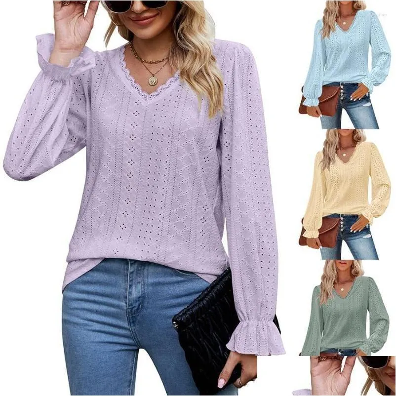 Women`s T Shirts Casual Lace V-neck Top With Umbrella Sleeves Cutout T-shirt Solid Color