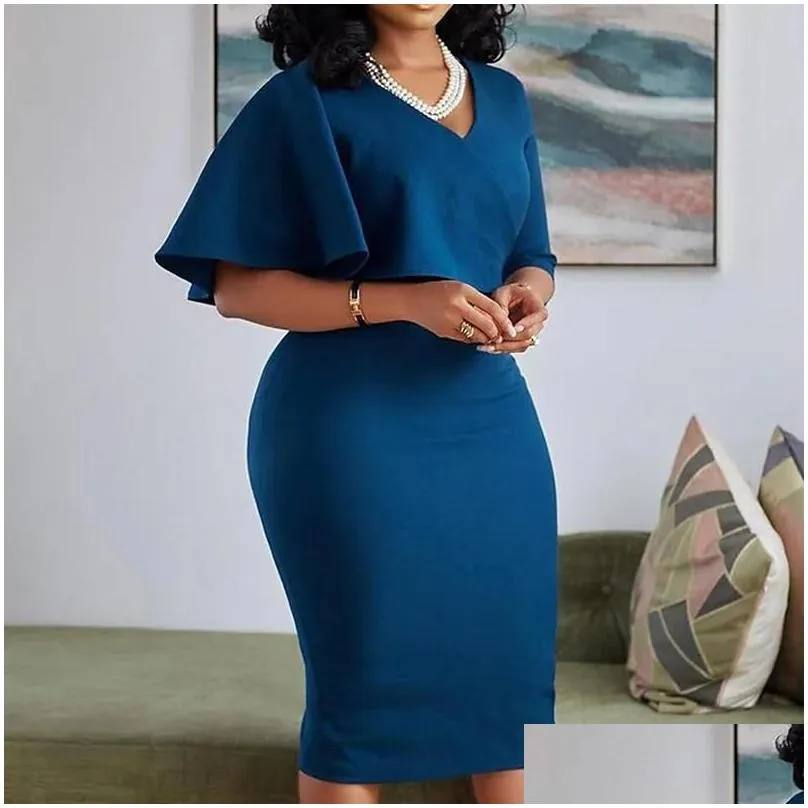 Plus Size Dresses Dress For Year 2022 Women Elegant Fashion Short Sleeve V Neck Mid-Calf Office Lady Sheath Empire