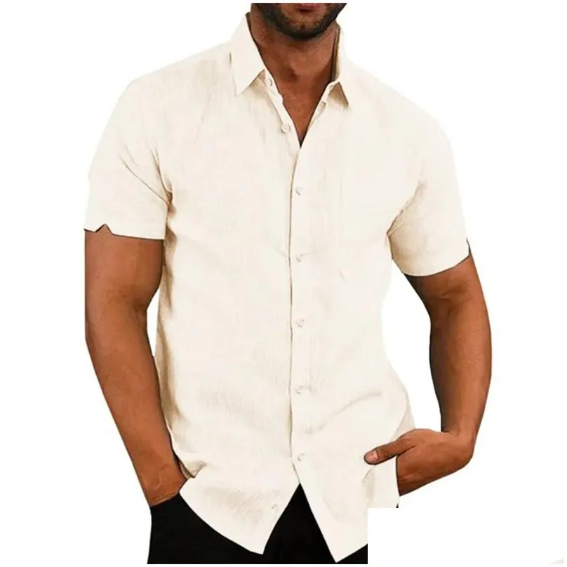 Men`S Casual Shirts 100% Cotton Line Mens Short-Sleeved Summer Solid Color Turn-Down Collar Beach Style Plus Size 220801 Drop Deliver Dhmtf