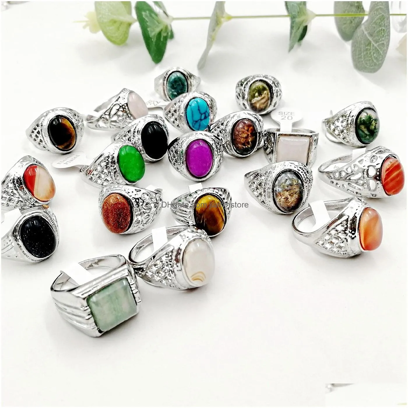 Fashion New 50 Pieces/lot Natural GemStone band Rings Mix Style Pine Stone size: 18cm-22mm fit Women`s Men`s Party Jewelrys charm Turquoise