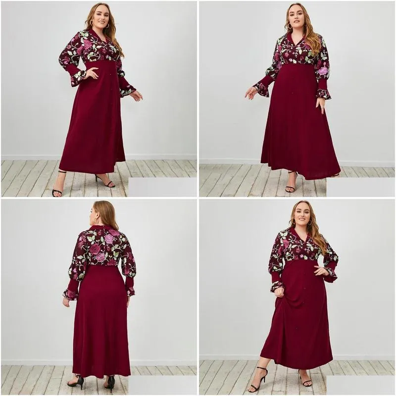 Plus Size Dresses Maketina Red Dress Women Autumn Winter Female V Neck Long Sleeve Embroidery Floral Party Maxi