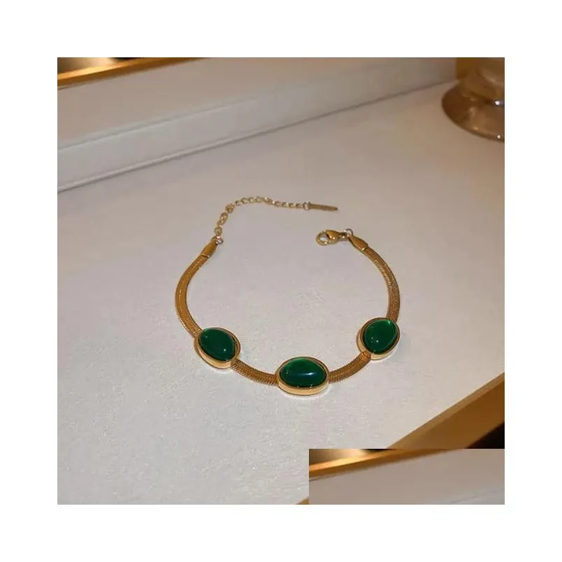 Necklace Earrings Set 316L Stainless Steel Vintage Emerald Blade Chain Women`s SAN639